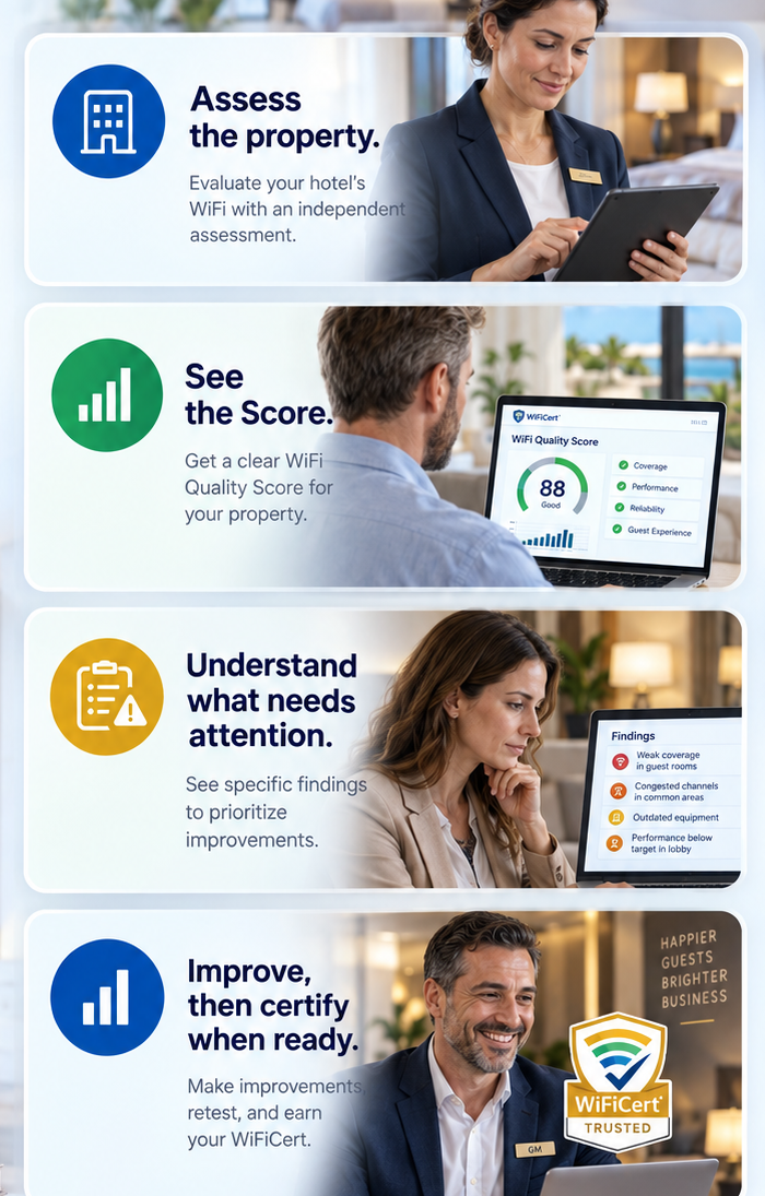Visual overview of the WiFiCert route: assess the property, see the score, understand what needs attention, and improve before certification when ready.
